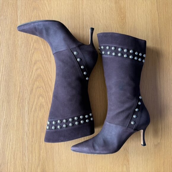 Manolo Blahnik Nenbiemi Brown Nubuck Leather Boots w/Silver Studs Size 38.5 US 8 - Picture 8 of 13